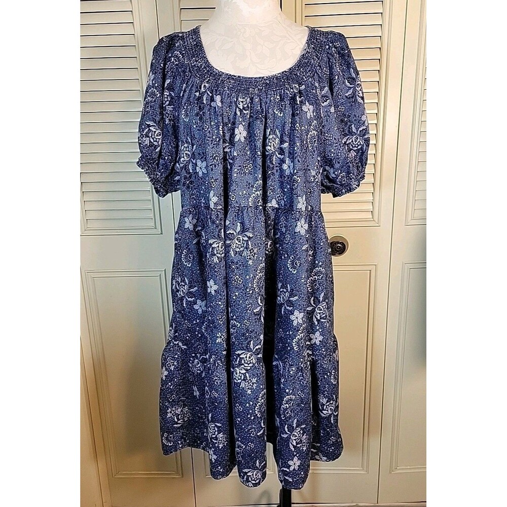 Torrid A-Line Mini Dress Sz 0 (Large) Blue Floral Smocked Puff Sleeve Comfy Cute
